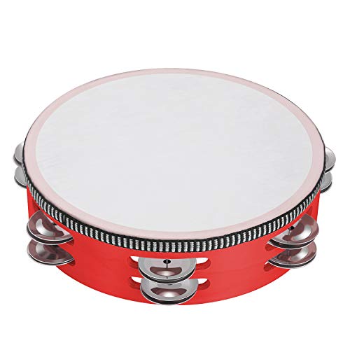 Flexzion Wood Handheld Tambourine For Kids And Adults 8-Inch Double Row 8-Pair Jingles (Red) - Percussion Round Tamborines Musical Instrument With Metal Zills #TOP2
