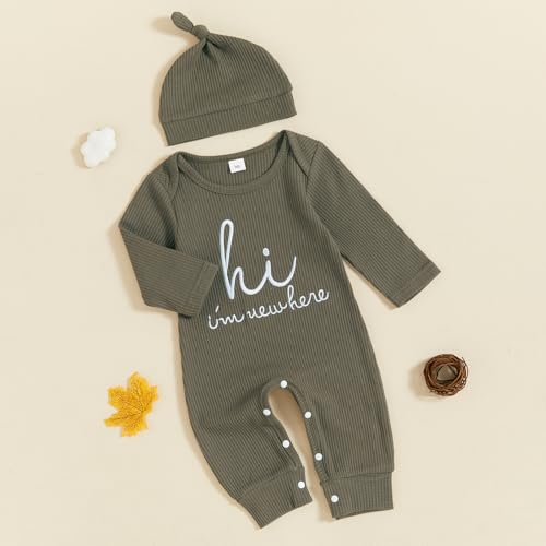 SAYOO Newborn Baby Boy Girl Romper I'm New Here Embroidery Letter Jumpsuit Coming Home Outfits Fall Gender Neutral Clothes2