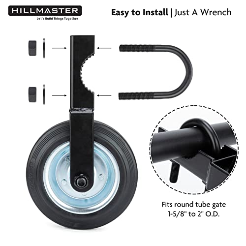 HILLMASTER 6 Inch Gate Wheel Gate Caster Kit with 1-5/8" Thru 2" Gate Frames, Heavy Duty Gate Helper Wheel Gate Support Wheel for Chain Link Fence Swing Gate, Black