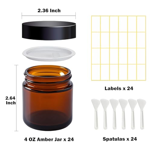 4 oz Amber Glass Jars with Lids,24 Pack 4oz Small Glass Jars with Inner Liners,4 Ounce Travel Jars for Cosmetics Container,Cream Lotion,Body Scrub2