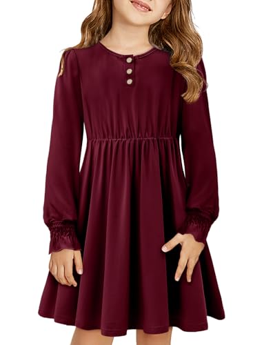 Yoklass Girls Casual Dress Long Sleeve Smocked Cuff Button Loose Fit Dresses 4-13 Years