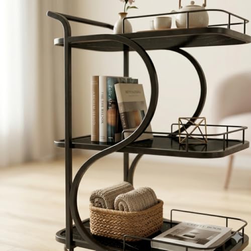 Image of Serving Trolley with Wheels for Home, Tea Food Drinks Serving Kitchen Trolley Restaurant, Hotels,Dining Room bar cart with Wheels (Full-Black)