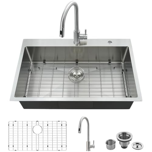 33 x 22 Drop In Kitchen Sink and Faucet Combo Set-VASOYO Stainless Kitchen Sinks Drop In Topmount Stainless Steel Deep Single Bowl Overmount Sink with Faucet