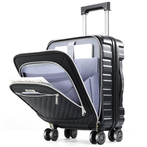 Lekebobor 18 Inch Carry On Luggage Airline Approved, Hybrid Soft Hard Shell Travel Suitcase with Removable Spinner Wheels, TSA Lock, Front Pocket for Women, Black