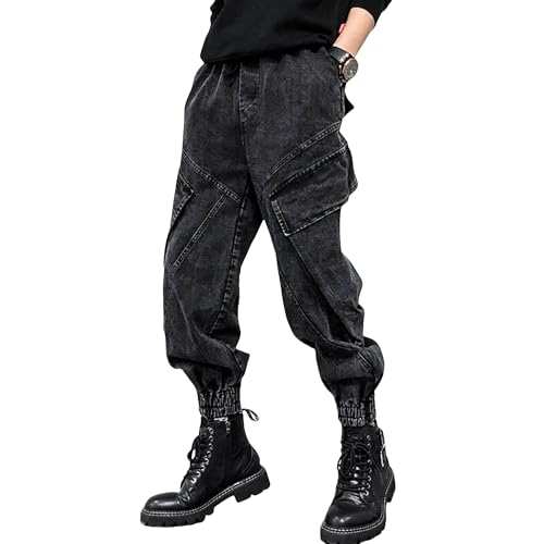Men's Black Jeans Japanese Street Fashion Pants Vintage Casual Pants Multi Pocket Harem Cargo Pants Rave Pants