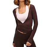 Maglia da donna a maniche lunghe con scollo a V profondo e cravatta incrociata per allenamento, balletto, pilates, yoga, Caffè, S