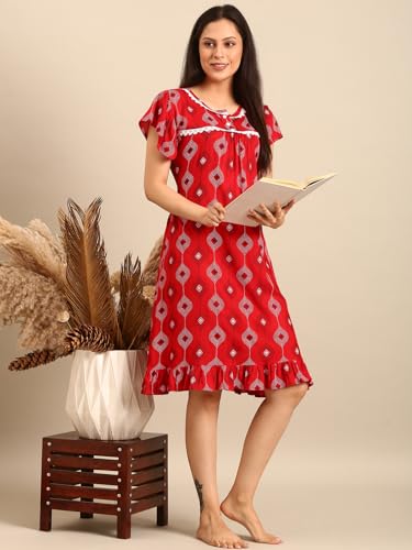Image of Rupa Jon Aishwarya Women Short Printed Nighty in Premium Cotton Blend Fabric, Midi Length, Night Dress, Three-Fourth Length for Comfortable Everyday Wear