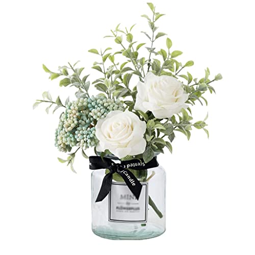 Arreglos Florales Flores artificiales con jarrón de vidrio, flores de rosa de rosa de seda falsas Ramo de arreglo de bayas for mesa de centro de la mesa de la boda Decoración de la boda Centro de Flor