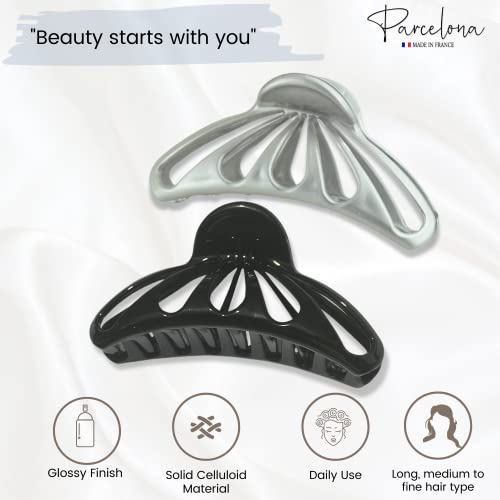 Parcelona French Rain Drop Set Of 2 Small Silver Grey And Black Celluloid Jaw Hair Claw Clip With Covered Spring #TOP1
