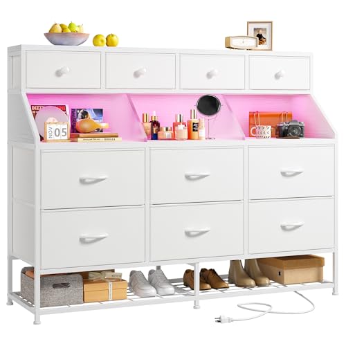 Image of Dresser for Bedroom with 10 Drawers & Shoe Rack Fabric Dressers & Chests of Drawers with LED Lights and Power Outlets Bedroom Dresser for Entryway, Halfway, Closet (White)