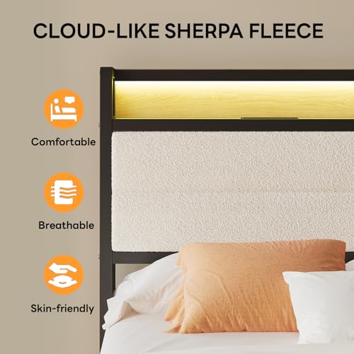 Image of LIKIMIO Twin XL Bed Frame with Storage Headboard and LED Lights, Metal Platform Bed with Charging Station, Noise Free, No Box Spring Needed, Under Bed Storage, Natural and Cream