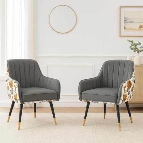 Image of Velvet Chair with Floral Pillow for Home | Modern Accent Armchair in Soft Velvet Fabric with Golden Legs | Set of 2 Premium Accent Chair for Living Room Bedroom (Dark Grey Floral)