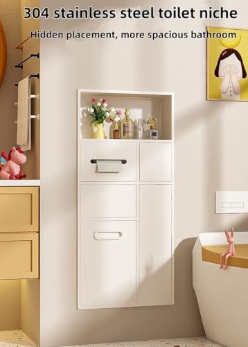 Modern Wall-Mounted Recessed Toilet Storage Cabinet with Trash Can & Paper Holder, Stainless Steel Space-Saving Design for Bathroom & Kitchen Organization
