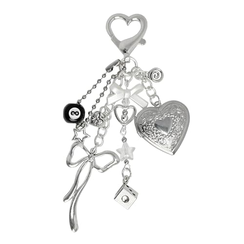 YTYAB Cute Heart Locket Keychain Y2k Bag Charms Kawaii Photo Key Chain Bow 8 Ball Star Dice Aesthetic Accessories for Women Backpack Beaded Kindle Fashion Decor(Silver)