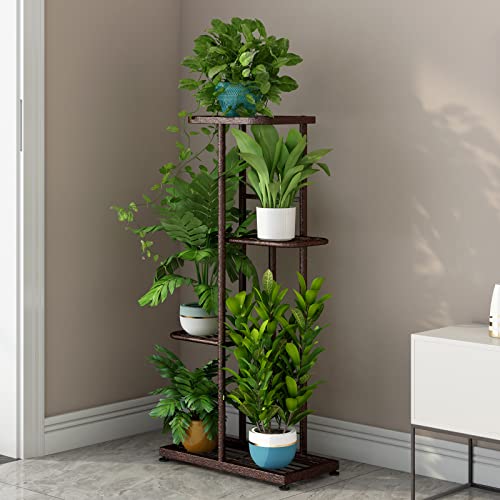 Image of LINZINAR Plant Stand Metal 4 Tier 5 Potted Multiple Flower Pot Holder Shelf Indoor Outdoor Planter Display Shelving Unit for Patio Garden Corner Balcony Living Room (4 Tier 5 Potted, Bronze)