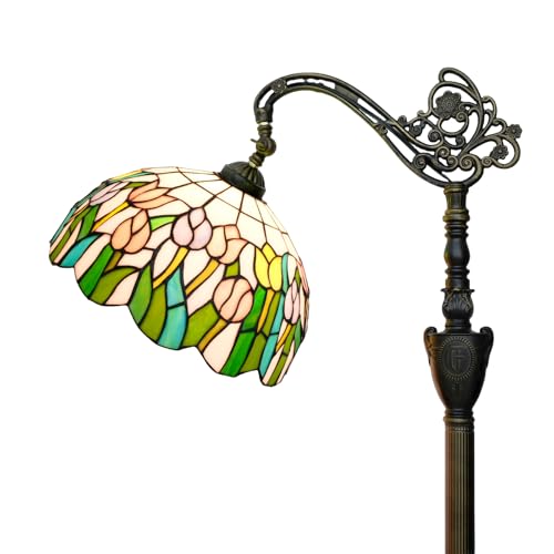 Lampe de plancher Tiffany rose jaune tulipes vitraux avec angle réglable pour lecture