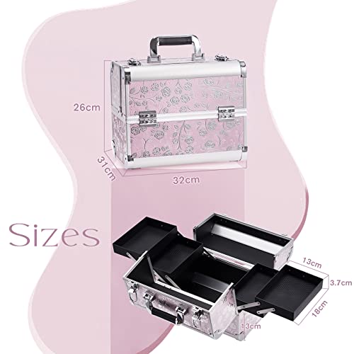 Maletín Maquillaje Profesional Estuche Maquillaje Caja de Maquillaje Maletín Manicura Neceser de Maquillaje Cosmético Joyero Organizador Regalos con Correa para el Hombro para Mujer, Rosa - imagen 5