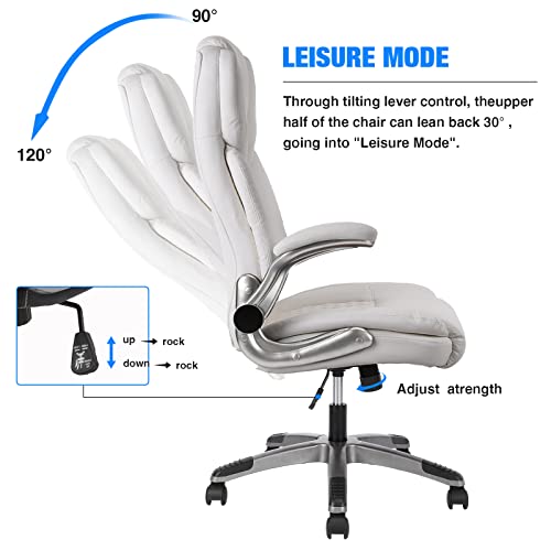 Managerial And Executive Office Chair,Ergonomic White Pu Leather Office Desk Chair,Diamond Stitched High Back Swivel Task Chair With Rocking Function,Adjustable Flip-Up Armrests Computer Chair #TOP2