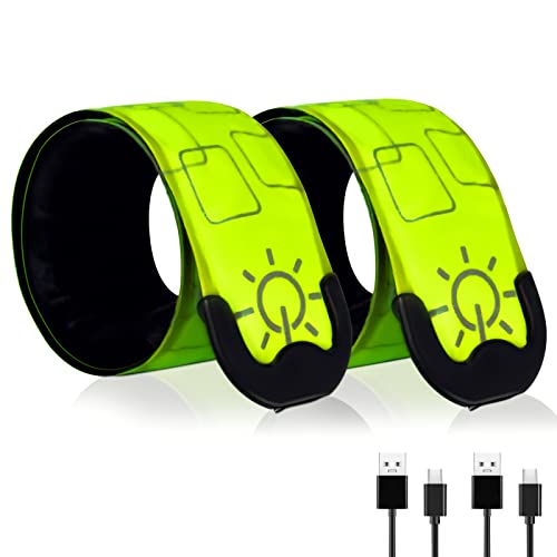 TRAYIU LED Safety Wristband Lights – 2 Pack Rechargeable Light Up Arm Ankle Band Kids Magic Slap Glow Bracelets Reflective Belt High Visibility for Night Cycling Walking Joggers Running Gear