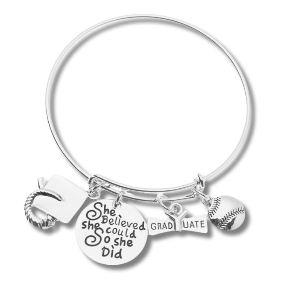 Sportybella Graduation Softball Charm Bracelet, Adjustable Silver Bangle with She Believed She Could So She Did and Graduation Charms, Jewelry & Gifts for Graduates and Players