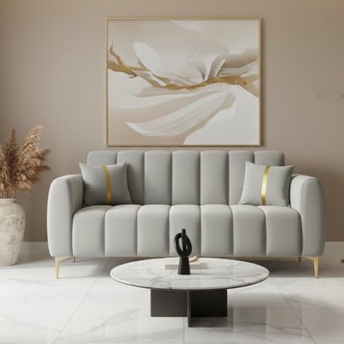 Image of FURNY Harmony 2 Seater Velvet Fabric Sofa Set (Light Grey) with Golden Finish Legs Durable & Comfortable Ideal for Living Room