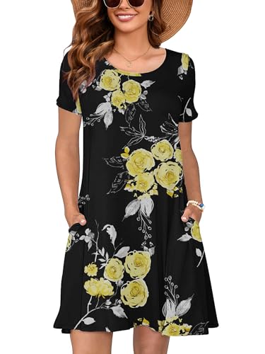 Image of Heymoments Women's Short Sleeve Crewneck Sundress Summer Casual A-Line Beach Dress with Pockets S-2XL