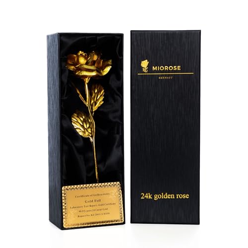 miomido 24k Gold Rose, handgefertigte, vergoldete, konservierte Rose Blume - mit Geschenkbox und Echtheitszertifikat - Geschenkidee für Freundin oder Frau zum Geburtstag (B: Schwarze Verpackung)