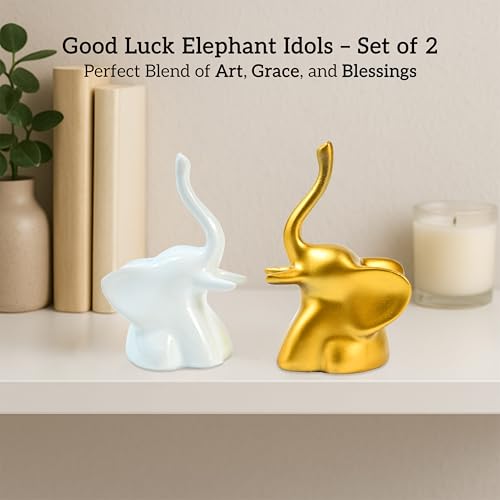 Image of ZAICUS Home Decor Elephant Showpiece Set of 2 | Golden & White Modern Minimalist Elephant Figurines | Tabletop Decor for Living Room, Office Desk & Gifting