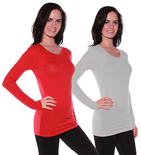 Active Basic Athletic Fitted Plain Long Sleeves Round Crew Neck T Shirt Top, 2 Pack - H Gray, Red, Large #TOP7