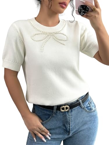 MakeMeChic Women's Bow Sweater Crew Neck Short Sleeve Knitted Pullover Beaded Tops
