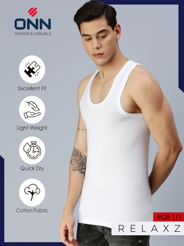 Image of ONN Men's White Super Combed Cotton Rib Round Neck Sleeveless Vest with Extended Length for Easy Tuck | Relaxz OR111 |