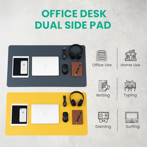 Image of Reversible Desk Mat 90x45 CM - Large Vegan Leather Office Desk Pad | Mouse Pad for Work from Home & Office | Anti-Slip Leather | Waterproof, Splash-Proof Desk Accessories (Navy Blue & Yellow)