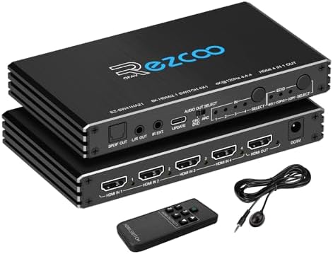 HDMI Switch 8K 4x1 4K 120Hz VRR ARC Atmos SPDIF L/R Audio Extractor - HDMI 2.1 Switcher 4 in 1 Out 240Hz 144Hz HDCP Bypass with IR Remote, for Game PS5 PC TV Monitor QLED Projector