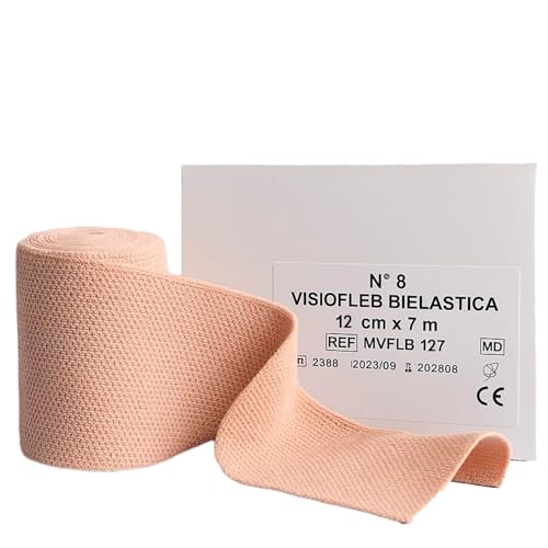 Umbra Medical Italy Visiofleb Benda Compressiva Bielastica – Color Pelle – Latex Free – 7m Estensibile – Morbida e Conformabile – Per Bendaggi, Garze, Fisioterapia – 3 Misure (12cm x 7m)
