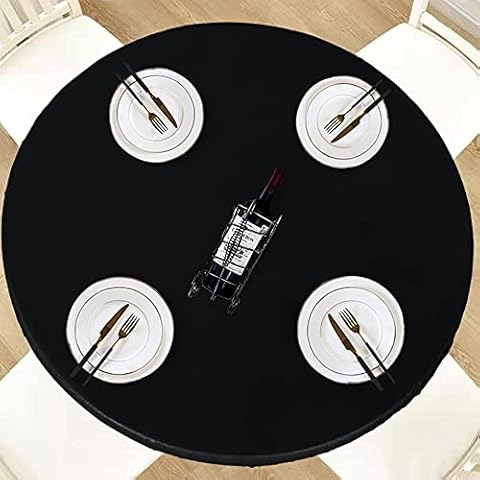 LUSHVIDA Round Waterproof Table Cover Elastic Tablecloth Vinyl Fitted Table Cover Elastic Edged Plastic Table Cover Fits Tables up to 36"-44" R Black Cover