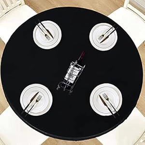 LUSHVIDA Round Waterproof Table Cover Tablecloth Vinyl Fitted Elastic Edged Plastic Table Cover Fits Tables up to 45″-56″ R Black