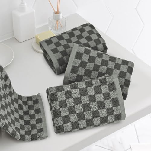 Image of Soft Hand Towels 4 Pack, Grey Checkered Face Towel Set for Bathroom Kitchen | Decorative Quick Dry Towel 13x29 Inches