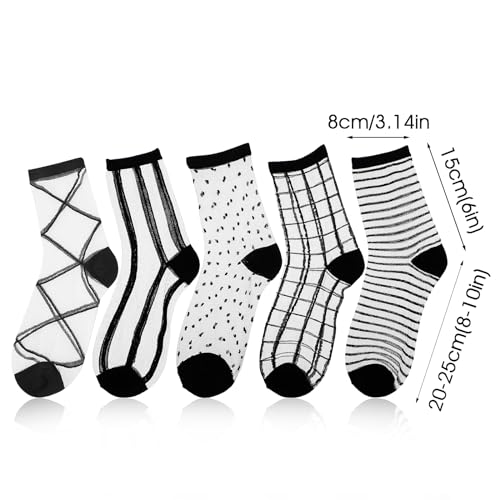 Image of Lusofie 5 Pairs Sheer Black See-Through Socks - Checkered Dot Striped Plaid Ankle Summer Socks for Women - Thin Fashion