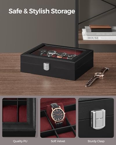 Image of SONGMICS Watch Box, 10-Slot Watch Case Organizer with Large Glass Lid, Removable Pillows, Gift for Loved Ones, Black Synthetic Leather, Wine Red Lining UJWB010R01