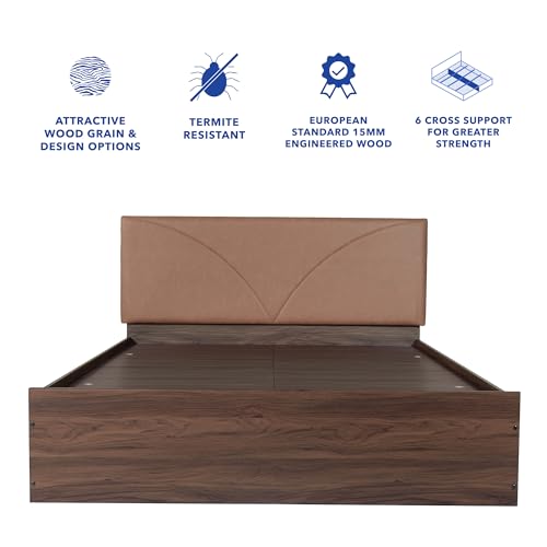 Image of DF2H Bed | 1 Year Warranty | Double Bed, Queen Size, Tada Premium Upholstery, Non-Woven & Fabric Base + 3mm MDF, Walnut Colour (Melamine Finish)