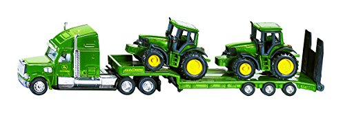 siku 1837, Camión de plataforma baja con dos tractores John Deere, 1:87, Metal/Plástico, Verde, Portón posterior plegable