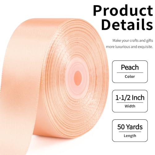 Image of Mauproy 1-1 /2 Inch Wide Peach Satin Ribbon, 50 Yards Solid Polyester Fabric Ribbon for Roses Making, Gift Wrapping, Flower Bouquets, Wedding Decorations, Handmade Crafts