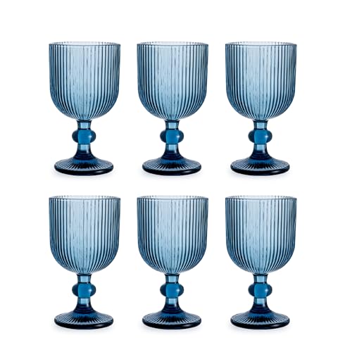 Baroni Home Ensemble de 6 Verres à Pied en Verre Colorés et Décorés de Rayures en Relief 20 CL, Verres Élégants Lavables au Lave-vaisselle, 8x8x14,5 cm, Bleu – vue 7