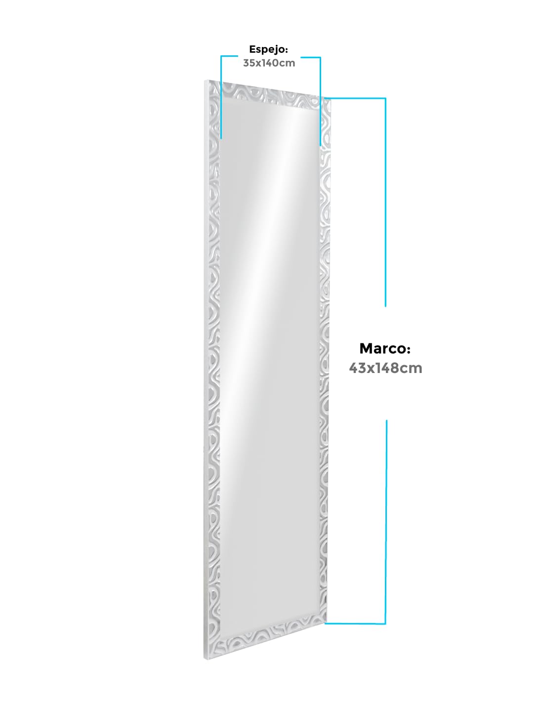 CHELY INTERMARKET MOD144 Espejo Pared Cuerpo Entero Decorativo Estilo Clásico para Salón Dormitorio Elegante Marco Relieve Blanco Plata 35x140 cm Incluye Kit Colgar Fabricado España