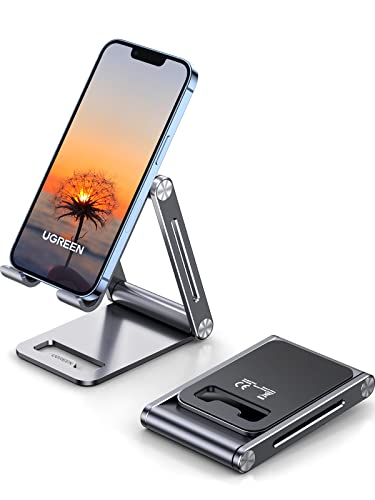 UGREEN Cell Phone Stand Adjustable Aluminum Mobile Phone Holder for Desk Compatible with iPhone 14 Pro Max 13 12 11 X 8 Plus 6 7 6S, Samsung Galaxy Note S22 S21 S20 S10 S9 Smartphone Foldable Grey