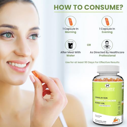Image of NATURYZ Himalayan Sea Buckthorn Berry Oil Triple Strength 1120mg | Liquid fill Technology for High Absorption & Bioavailability | Full Spectrum Cold-Pressed Vegetarian Omega 7 + Omega 3-6-9 | Skin Glow, Immunity & Gut Health Supplement | Gentler on Stomach, Non-GMO - 60 Veg Capsules