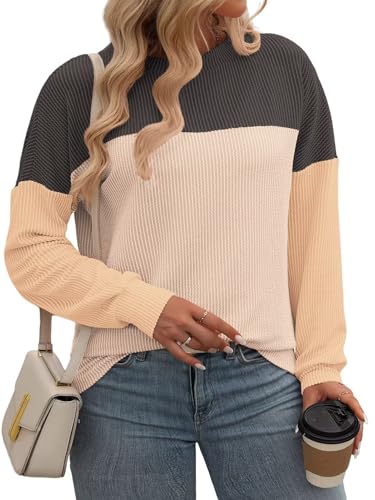 Image of DOLNINE Plus Size Tops for Women Long Sleeve Color Block Ribbed Knit Tunic