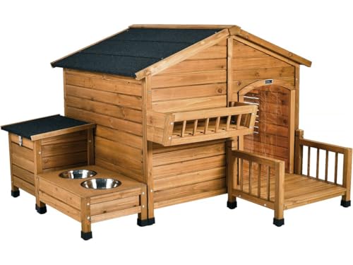 Casetta per cani in legno 'Rusty' con mangiatoia e contenitore - 151 x 138 x 100 cm - Marrone
