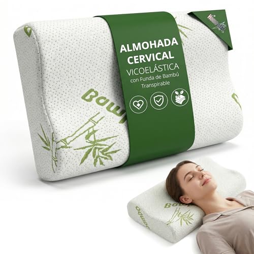 Homestar3 Almohada Cervical Viscoelástica 60x40 cm Ergonómica, Memory Foam de Rebote Lento, Funda de Bambú Transpirable y Lavable, Ortopédica para Dolor de Cuello, Dormir de Lado