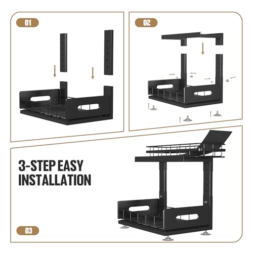 Image of Under Sink Organizer Upgrade To Professional Rails,2-Tier Dual Pull Out Cabinet Storage,Height Adjustable Slide Out Drawers For Bathroom Kitchen,2 Pack-14.5 inch Dx12.8-16.9 inch H,Black